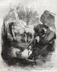 Angelique (Angelica) flyr den gamla eremiten - gravyr från 1851 från "" Furious Roland"" (Orlando furioso) (1500-talet) av Ludovico Ariosto, känd som Ariosta - Upplaga översatt från italienska av greven av Tressan och publicerad av Gustave Harvard 1 av Unknown artist