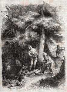 Angelique (Angelica) räddar Medor (Medoro) wesse - gravyr från 1851 från "" Furious Roland"" (Orlando furioso) (1500-talet) av Ludovico Ariosto, känd som Ariosta - Upplaga översatt från italienska av greven av Tressan och publicerad av Gustave Harv av Unknown artist