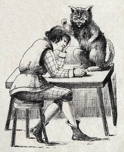 Anonym illustration för "" Le chat Botte", berättelse av Charles Perrault (1628-1703), fransk författare. Bildmaterial Marcel Vagne, Jarville Nancy, odaterat (slutet av 1800-talet). av Unknown artist