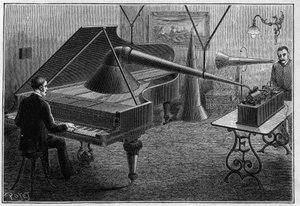 Apparat för inspelning av ett pianostycke av fonografen, en uppfinning av Thomas Alva Edison (1847-1931). Gravyr i "" Nature. Journal of science och dess tillämpningar på konst och industri. av Unknown artist