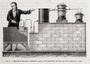 Apparat av Antoine Laurent de Lavoisier och Meusnier för nedbrytning av vatten med järn uppvärmt till rött - i "" Les wonders de l