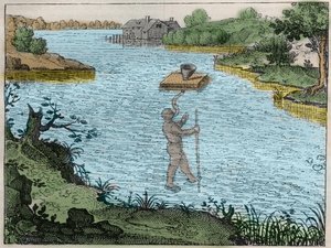 Apparat för att göra det möjligt för dykare att andas under vatten - En metod som används av de äldste för att korsa floderna gravering i "The major and minor metafysics of the cosmos" (metafysisk, fysisk och teknisk historia av bot av Unknown artist
