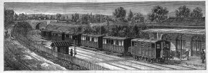 Användning av Faure-batterier: Elektriskt tåg på en järnvägsröst i en station. Gravyr i "" Le Monde Illustré"" av Unknown artist