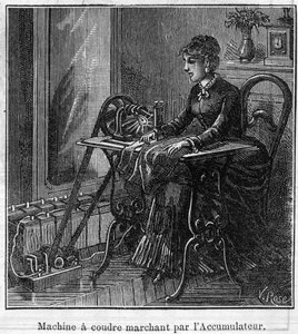Användning av Faure-batterier: elektrisk symaskin som går genom ackumulatorn. Gravyr i "" Le Monde Illustré"" av Unknown artist