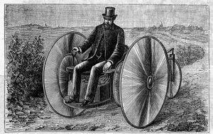 Användning av Faure-batterier: elektrisk trehjuling som rör sig genom ackumulatorn. Gravyr i "" Le Monde Illustré"" av Unknown artist