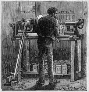 Användning av Faure-batterier: vändning av en hantverkare som drivs av ackumulatorn. Gravyr i "" Le Monde Illustré"" av Unknown artist