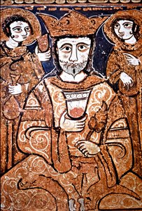 Porträtt i Arabonormand-stil av Roger II av Sicilien (1095-1154) omger höga dignitärer. Målning på trä från 1100-talet. Palermo, Cappella Palatina del Palazzo Reale (Kungliga slottets Palatinas kapell) Sicilien, Italien av Unknown artist