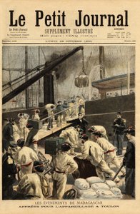 Beväpning vid Toulon av kryssarna Dupetit-Thouars och Laperouse, och ombordstigning av 15 000 soldater, för en expedition till Madagaskar, efter beslut av Theophile Delcasse (1852-1923) kolonialminister. Gravyr i "" Le petit journal"" 1894-10-29. Selvas ko av Unknown artist