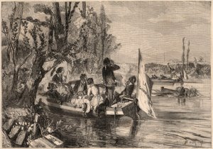 Runt Paris 1857. Kanotisterna i Asnieres. Gravyr i ”Le Monde illustrious”” från 1857. Privat samling. av Unknown artist