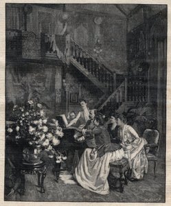 Runt ett partitur - Jules Massenet (1842-1912), fransk kompositör, spelar med vänner "Le portrait de Manon" - Gravyr i "Le Progres illustrious" från 1895 av Unknown artist