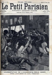 Gripande av anarkisten Emile Henry (1872-1894) efter explosionen av caféet "Terminus"" i Paris. Gravyr i "" Le Parisien"" av Unknown artist