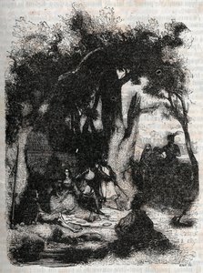Rodomont och Mandricards ankomst till Merlins fontän - gravyr från 1851 från "" Roland furieux"" (Orlando furioso) (1500-talet) av Ludovico Ariosto, känd som Ariosta - Upplaga översatt från italienska av greven av Tressan och publicerad av av Unknown artist