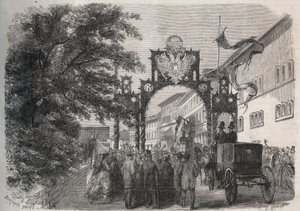 Ankomst av imponen Elisabeth av Österrike (Sissi) (Elisabeth av Österrike) i Bad Kissingen (Spa) 1865 - gravyr i "The Illustrous World" från 1865 av Unknown artist