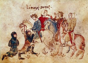 Arthurian Legend: "" King Arthur mjukgörande riddare (Meliadus (eller Meliodas), Esclabor och Arfasar (eller Arphasar)"" Miniatyr från "" Meliadus, bror till Tristan"" 1300-talets Venedig Biblioteca Marciana av Unknown artist