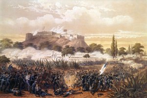 Assault of Chapultepec i september 1847 under kriget mellan USA och Mexiko. Gravyr från 1850. av Unknown artist