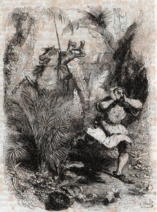 Astolphe får Caligorant att fly - 1851 gravyr från "" Furious Roland"" (Orlando furioso) (1500-talet) av Ludovico Ariosto, känd som Ariosto - Edition översatt från italienska av greven av Tressan och publicerad av Gustave Harvard 1851 av Unknown artist