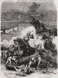 Astolphe får mordkvinnor att fly - 1851 gravyr från "" Furious Roland"" (Orlando furioso) (1500-talet) av Ludovico Ariosto, känd som Ariosta - Edition översatt från italienska av greven av Tressan och publicerad av Gustave Harvard 1851 av Unknown artist