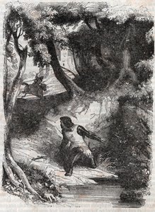 Astolphe på kanten av en fontän - gravyr från 1851 från "" Furious Roland"" (Orlando furioso) (1500-talet) av Ludovico Ariosto, känd som Ariosta - Upplaga översatt från italienska av greven av Tressan och publicerad av Gustave Harvard 1851 av Unknown artist