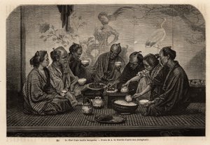 Vid en borgerlig familjs middag samlas män på tatami, runt små soffbord, äter ris i en individuell skål och serverar kött och grönsaker i en gemensam rätt, medan de dricker te serverar två kvinnor serveringen. Gravyr för att illustrera resan till J av Unknown artist