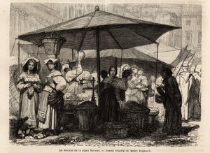 Vid foten av Piazza Navona, Rom (Italien). Gravyr för att illustrera resan till Rom, av Francis Wey, 1864-1868, publicerad i "Le tour du monde, nouveau journal des voyages", under ledning av Edouard Charton av Unknown artist