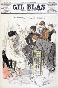 På workshopen av Georges Courteline. Man tittar på en kvinna poserar i en verkstad. I "" Gil Blas"", den 18/03/1898. av Unknown artist