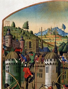 Attack av Philippe Augustes slott med utsikt över Paris och Montfaucon-galgen under 100-åriga kriget, mitten av 1400-talet. (detalj av 14103). av Unknown artist