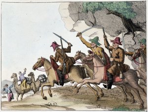 Attack av kamelkaravan av en grupp kirgiziska (centralasiatiska turkiska folk av mongoliskt ursprung) till häst, Deb. 1800-talet av Unknown artist