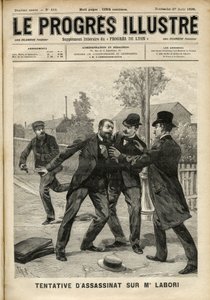 Attacken mot Fernand Labori (1860-1917), en advokat i Alfred Dreyfus (1859-1935) försvar, slog till med en kula i ryggen i Rennes när han var på väg till platsen där målet avgjordes. Omslag till "The Progres Illustré"" från augusti 1899 (gravi av Unknown artist