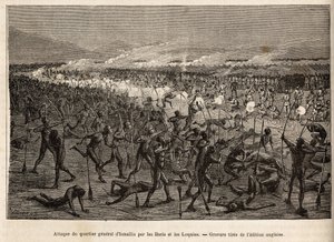 Attack mot Ismailias högkvarter (Egypten), av en koalition av baris och loquias vapen med pil och båge, svarar Sir Bakers expedition med gevär och stöter tillbaka angriparna, gravyr som illustrerar en väpnad expedition i Centralafrika, för försörjningen av Unknown artist