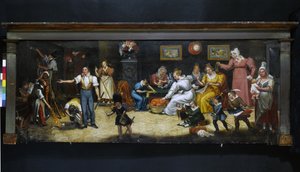 Till den gode fadern. Skylt för möbeltapetserare och inredare. Rue Mouffetard, 5:e arrondissementet, Paris, omkring 1825 (skylt) av Unknown artist