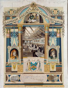 Autografcertifikat för clavist (tryckoperatör) utfärdat av Society of Clavists of London. Den är dekorerad med porträtt av Johannes Gutenberg och Willima Caxton. 1800-talets privata samling av Unknown artist