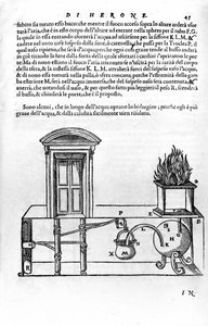 Automatisk mekanism designad av Heron of Alexandria (den äldre) (1:a århundradet) för att öppna och stänga dörrarna till ett tempel. Heron, Spiritalia av Unknown artist