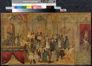 Bolldräkt med djävulen (Fancy-dress Ball with Devil). Anonym teckning, tidigt 1800-tal, akvarell och gouache på papper. State Central A. Bakhrushin Theatre Museum, Moskva av Unknown artist