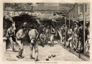 Bollspelare i Rom (Italien). Gravyr för att illustrera resan till Rom, av Francis Wey, 1864-1868, publicerad i "Le tour du monde, nouveau journal des voyages", under ledning av Edouard Charton av Unknown artist