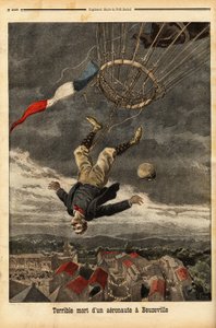Ballongolycka i Beuzeville, efter en förlust av gas, tappade flygfarten kontrollen och föll från sin ballong, där han hade gått ombord utan gondol. Gravyr i "" Le petit journal"" 1899-07-30. Selva samling. av Unknown artist