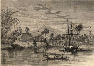 Bangalow, hem för Sir James Brooke, känd som Rajah of Sarawak (1803-1868) Brittisk äventyrare första vita rajah av Sarawak i närheten av Sarawak (Borneo). Gravyr i ”Le Monde illustrious”” från 1857. Privat samling. av Unknown artist