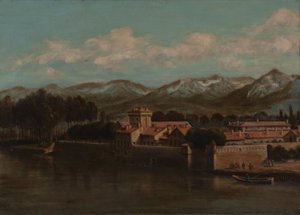 Isères stränder i Grenoble, bergsutsikt 1864 (Olja på duk) av Unknown artist