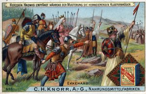 Barbarian invasioner - Under granskningen av trupperna tar hertiginnan Hadwig emot munkarna som närmar sig i bakgrunden. av Unknown artist