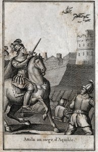 Barbarians invasioner - Attila (ca 406-453), kung av hunnerna, under belägringen av Aquilee (Aquileia) i Italien, 452. Gravyr i "Beaute de l
