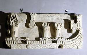 Basrelief som representerar den gamla hamnen i Pisa. Vi märker att kedjorna blockerar tillgången till hamnen, tagna av Genua som en trofé efter slaget vid Meloria mot Korsika. Genua, Peglis sjömuseum. 1290. av Unknown artist