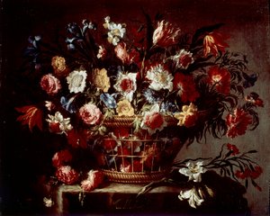Korg med blommor (olja på duk av Unknown artist