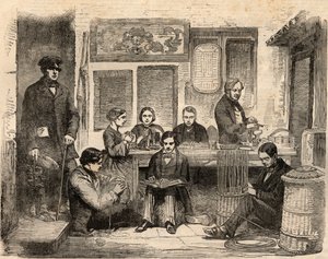 Basketry and Reading Workshop for the Blind ligger på Euston Road i London och anordnas av Association for Promoting the General Welfare of the Blind, en förening för att hjälpa blinda att hitta arbete. Gravyr i "" The illustrated London News"" av 24 av Unknown artist