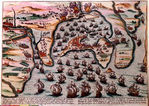 Battle Plan of Cales Males (Spanien) den 30 juni 1596. Den holländska och engelska arméns flotta går in som vänner i Cales Males med 180 fartyg. Nästa dag den 1 juli, överraskade av förräderi, var de tvungna att överge staden med skam. Gravyr av Unknown artist
