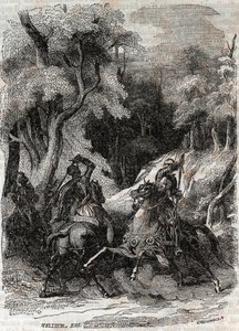 Slaget mellan Roland och Ferragus - gravyr från 1851 från "" Furious Roland"" (Orlando furioso) (1500-talet) av Ludovico Ariosto, känd som Ariosta - Edition översatt från italienska av greven av Tressan och publicerad av Gustave Harvard 1851 av Unknown artist