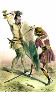 Strid mellan en francsoldat och en romersk soldat. 1800-talsgravyr privat samling av Unknown artist
