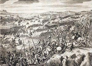 Slaget vid Gembloux (1578) (Slaget vid Gembloux) Spansk armé mot armén av 16 av de sjutton provinserna i Nederländerna - gravyr i "Histoire De La Guerre Des Paisles-Bas" av Famiano Strada (1572-1649) av Unknown artist