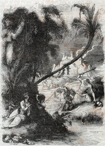 Slaget vid Griffon och Aquilant mot Orrile - gravyr från 1851 från "" Furious Roland"" (Orlando furioso) (1500-talet) av Ludovico Ariosto, känd som Ariosta - Upplaga översatt från italienska av greven av Tressan och publicerad av Gustave Harvard av Unknown artist