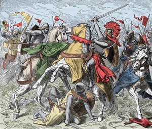 Battle on the Elster: Rudolf of Swabia Mortally Wounded - Revolt of the Saxons (1073-1075): Rodolph of Rheinfelden (ca 1025-1080), hertig av Schwaben och antiking av romarna sårades dödligt i ett slag nära Elster, mot Henrik IV:s trupper av Unknown artist