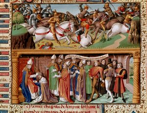 Stridsscen och kröning av kejsar Lothary II av Supplinburg (eller Lothary III av det heliga riket, kejsare av det heliga romerska riket) (1075-1137) Miniatyr i "" Le miroir historial"" (Speculum Historiale) (ms. 1196 fol. 245 r.) av Vincent de Beauvais (11 av Unknown artist