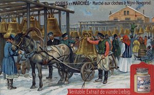 Klockor marknaden i Nizhny Novgorod (Ryssland). Chromo Liebig från slutet av 1800-talet. av Unknown artist